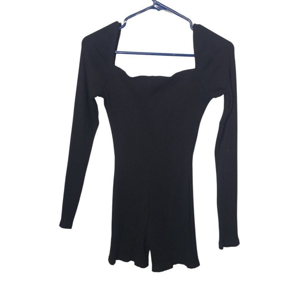 Womens Biker Short Romper M Black Long-Sleeve Ribbed Bodycon Workout Bodysuit